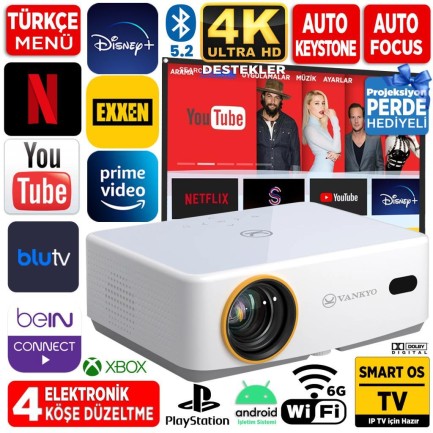 VANKYO - Vankyo Leisure L570B Android TV 4K Destekli Projeksiyon Cihazı +Auto Focus+Auto Keystone+6G WiFi+5.2 Bluetooth+300 İnç Yansıtma+Dolby Premium Ses Sistemi Beyaz PS5/XBOX/HDMI