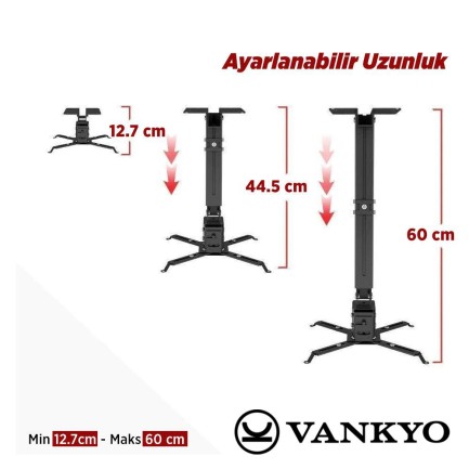 Vankyo Universal 43-65CM Projeksiyon Cihazı Tavan Askı Aparatı Tavan Bağlantı Aparatı Duvar Bağlantı Aparatı Siyah - Thumbnail