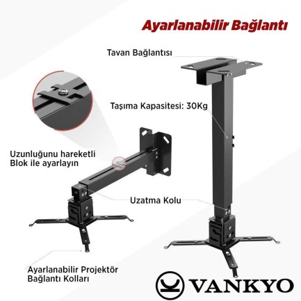 Vankyo Universal 43-65CM Projeksiyon Cihazı Tavan Askı Aparatı Tavan Bağlantı Aparatı Duvar Bağlantı Aparatı Siyah - Thumbnail