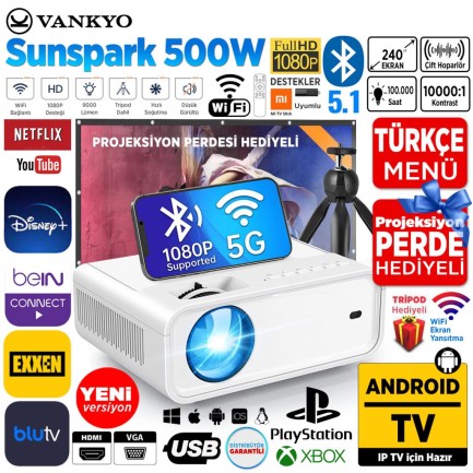 VANKYO - Vankyo Sunspark 500W Android TV 1080P Destekli Projeksiyon Cihazı 5G Wi-Fi + 5.1 Bluetooth - LCD LED - 240 Inç Yansıtma-Dahili Hoparlör-PS5/XBOX/HDMI/USB/VGA/AV