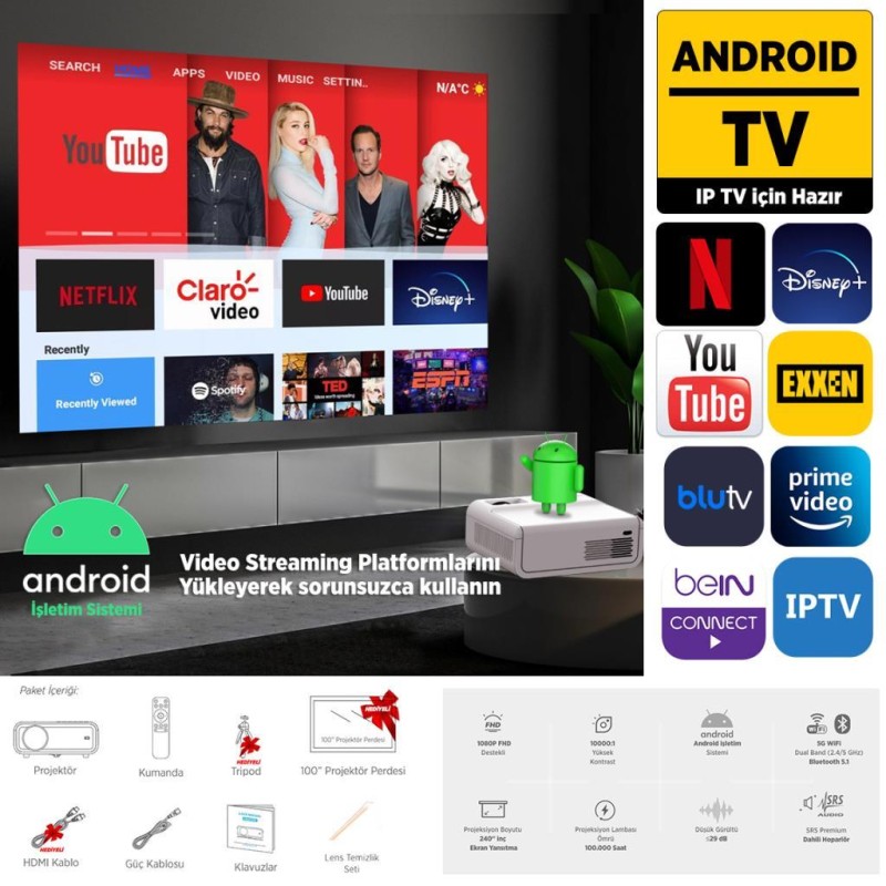 Vankyo Sunspark 500W Android TV 1080P Destekli Projeksiyon Cihazı 5G Wi-Fi + 5.1 Bluetooth - LCD LED - 240 Inç Yansıtma-Dahili Hoparlör-PS5/XBOX/HDMI/USB/VGA/AV